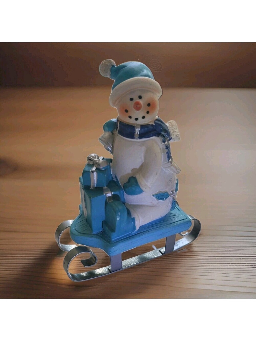 Vtg Christmas Figurine Snowman On Sled Resin EUC 3D 4.25" B2
